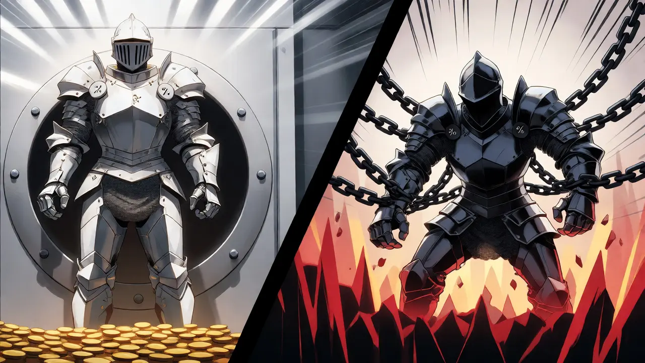 Armored knight guarding coins while chained by high fees in manga art