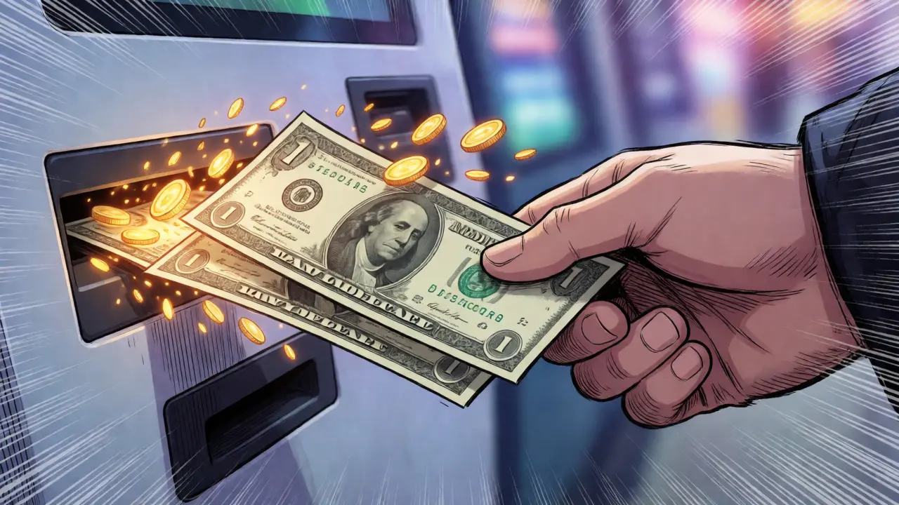 Cash transforming into digital coins as it enters a Bitcoin kiosk slot.