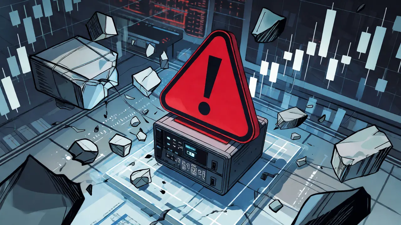Chaotic manga scene with red warning signs over fragile crypto servers and broken glass.