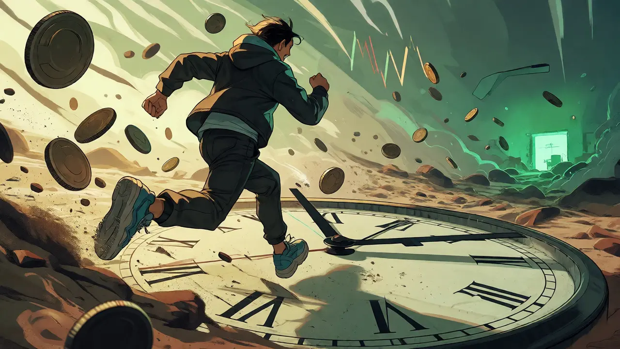 Character running from dissolving coins toward a safe wallet in manga style