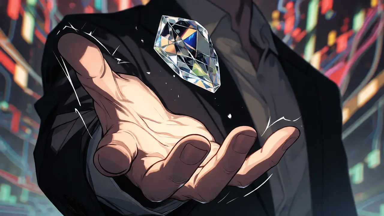 Close-up of a hand catching a fragmented token amid volatile market chaos.