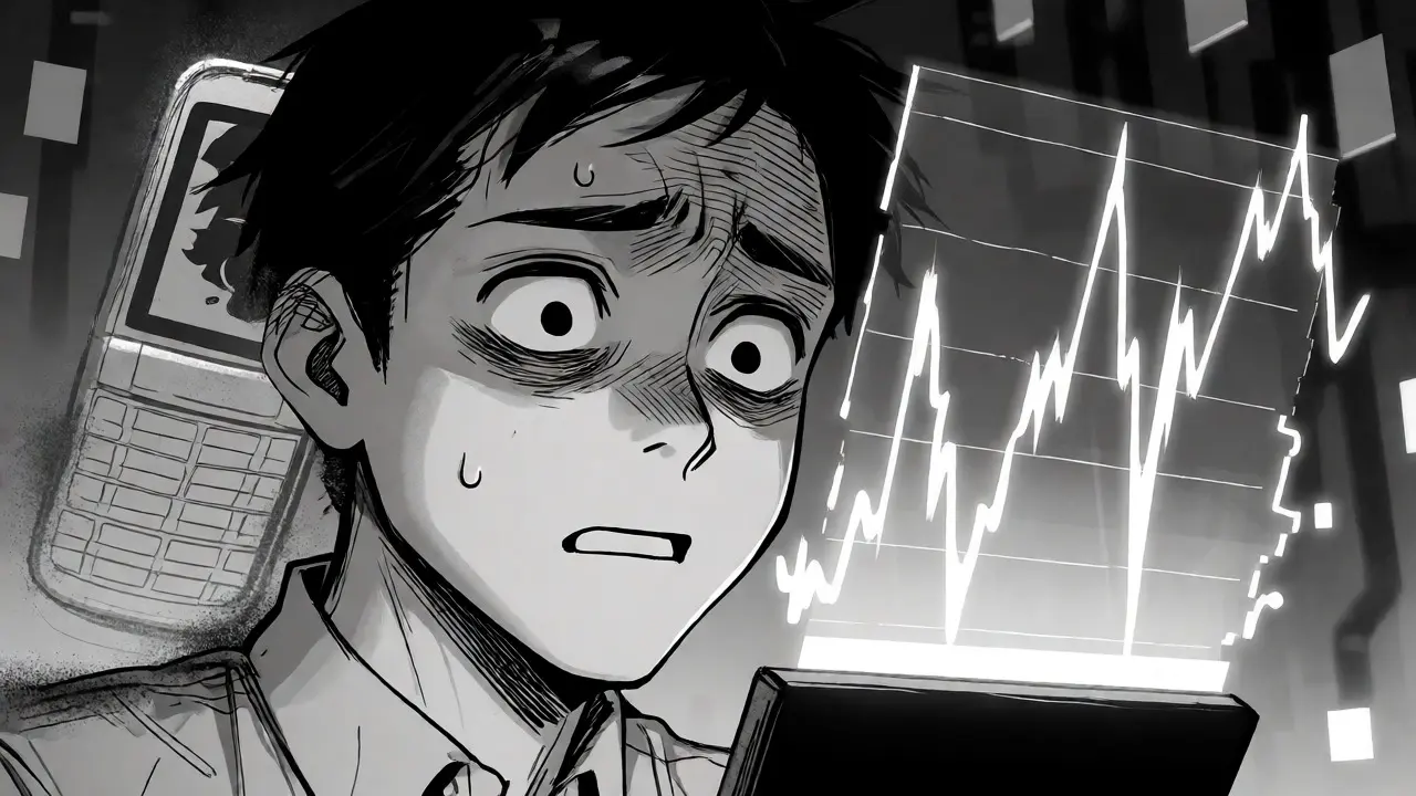 Confused investor viewing glitching volatile charts in manga art