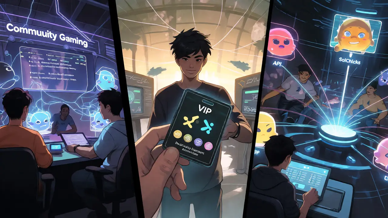Cyber-fantasy manga view of players earning rewards through tournaments and staking.