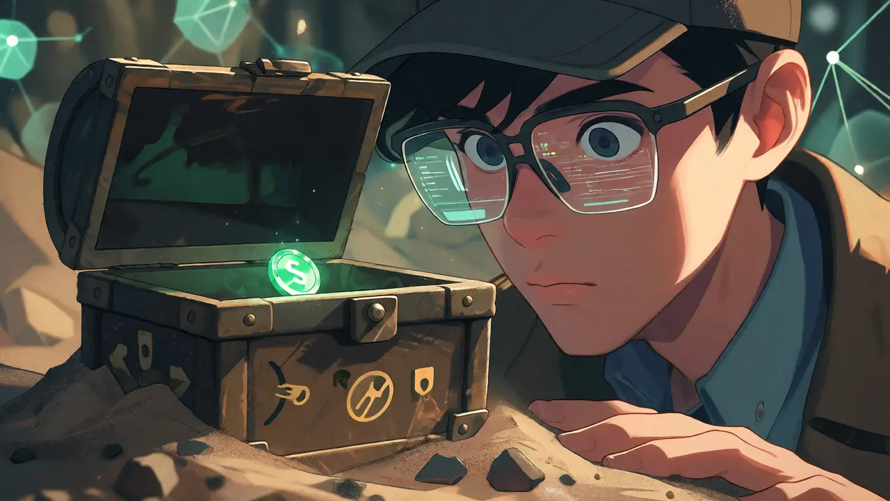Detective finding a glowing LMT coin in ruins