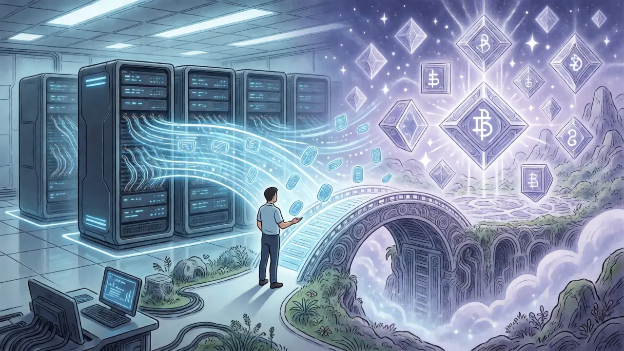 Developer bridging a server room and a cryptographic digital realm