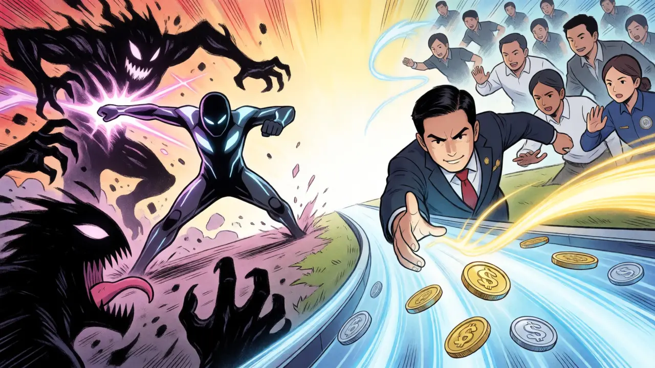 Dynamic manga scene of regulators clearing crypto chaos and enforcing new rules.