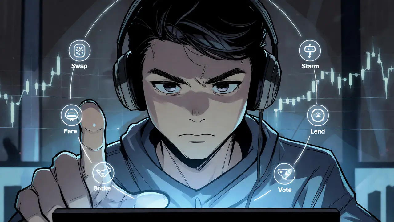 Focused anime trader surrounded by holographic DeFi function icons