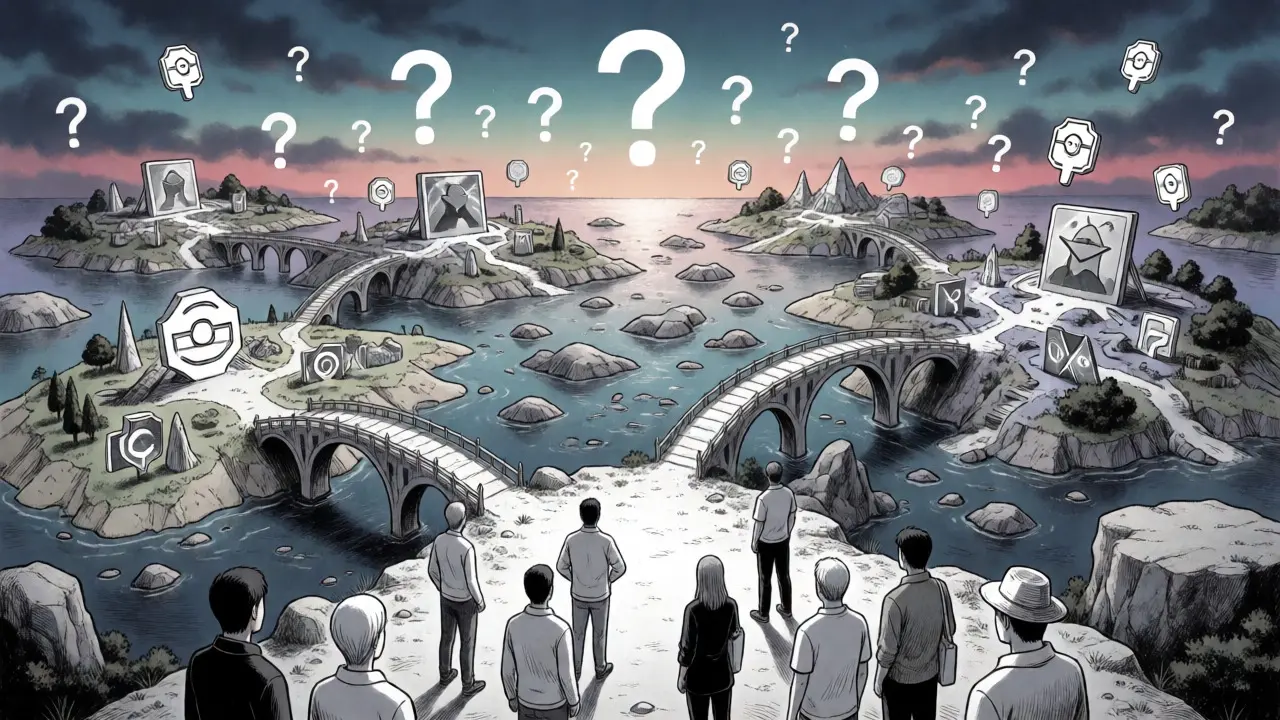 Fragmented digital landscape with creators and collectors at a crossroads