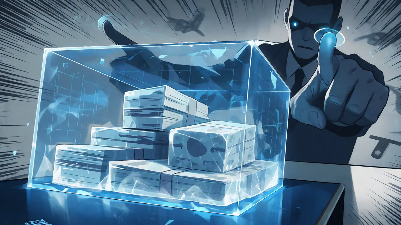 Frozen ruble notes inside a digital vault guarded by algorithmic drones