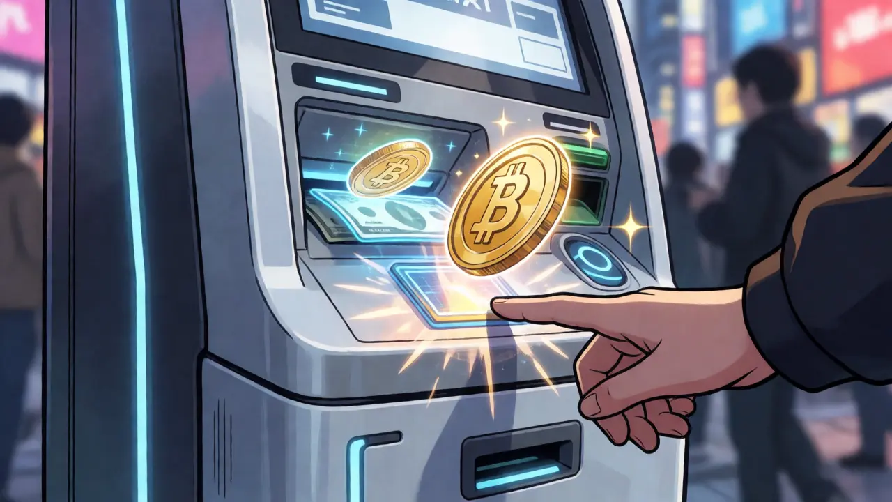Futuristic crypto kiosk converting cash to digital tokens in anime style