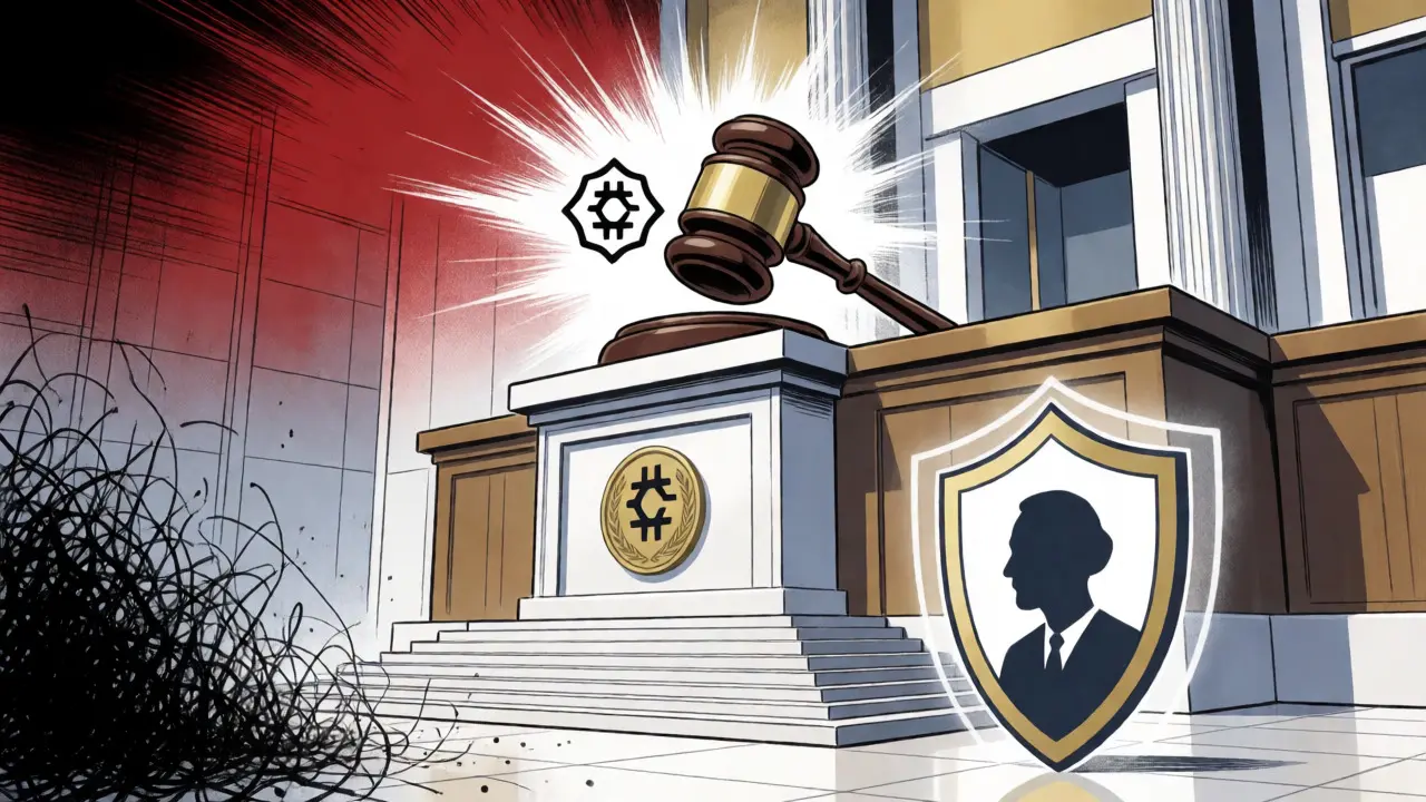Gavel striking down to break chains linking people to crypto fraud.