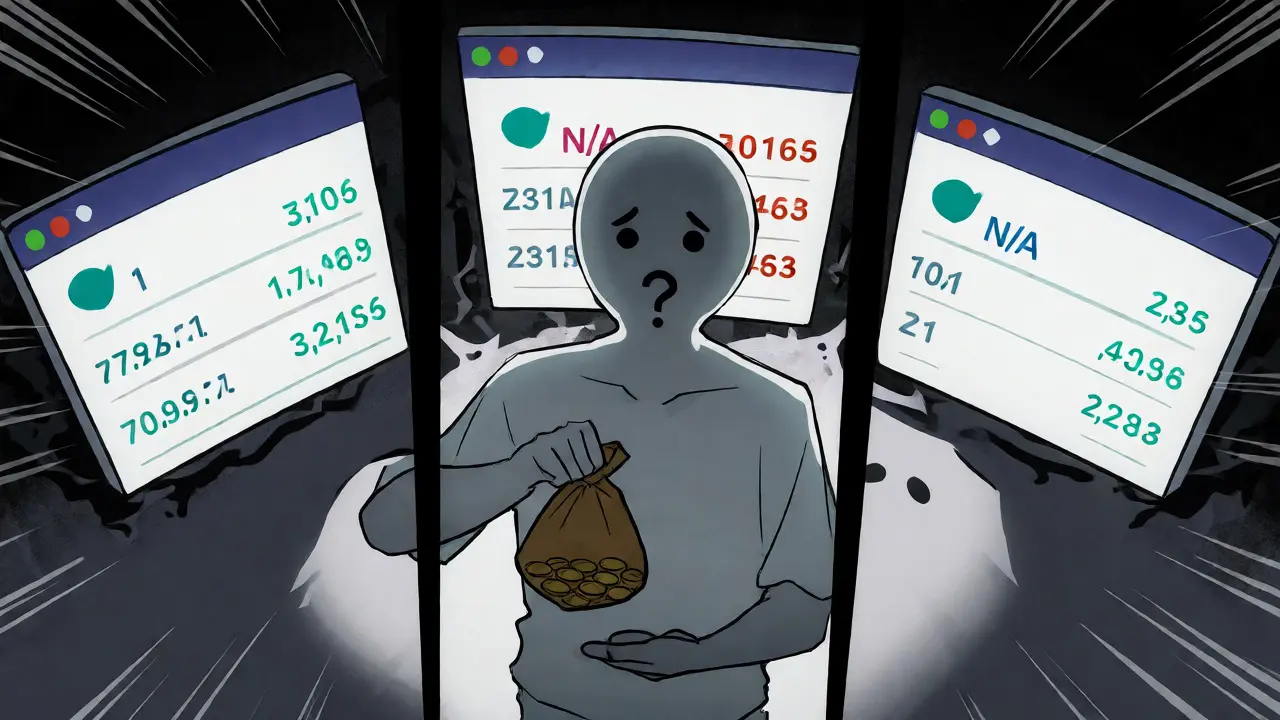 Ghostly figure amidst chaotic screens showing conflicting cryptocurrency prices and data.