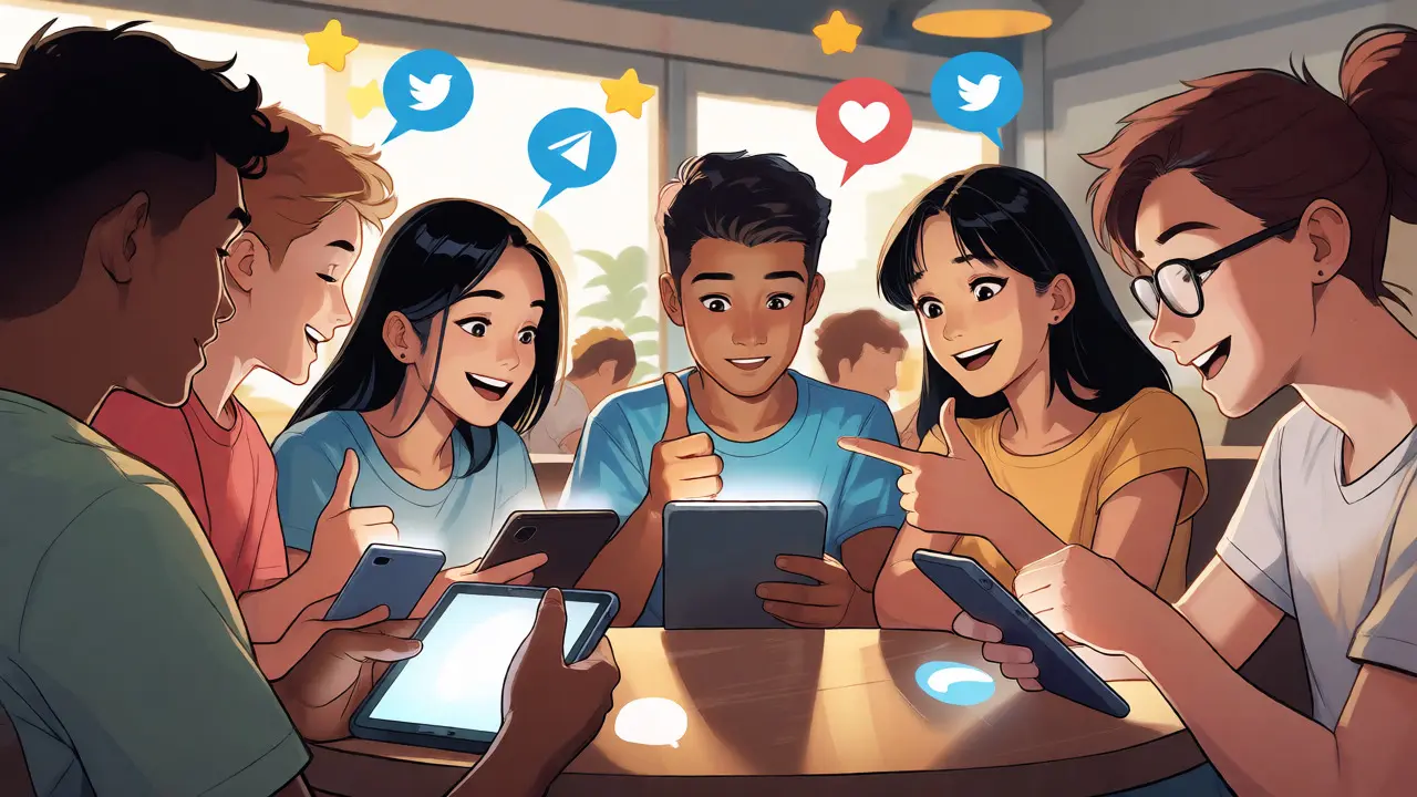Group of anime characters engaging on phones surrounded by floating social media icons.