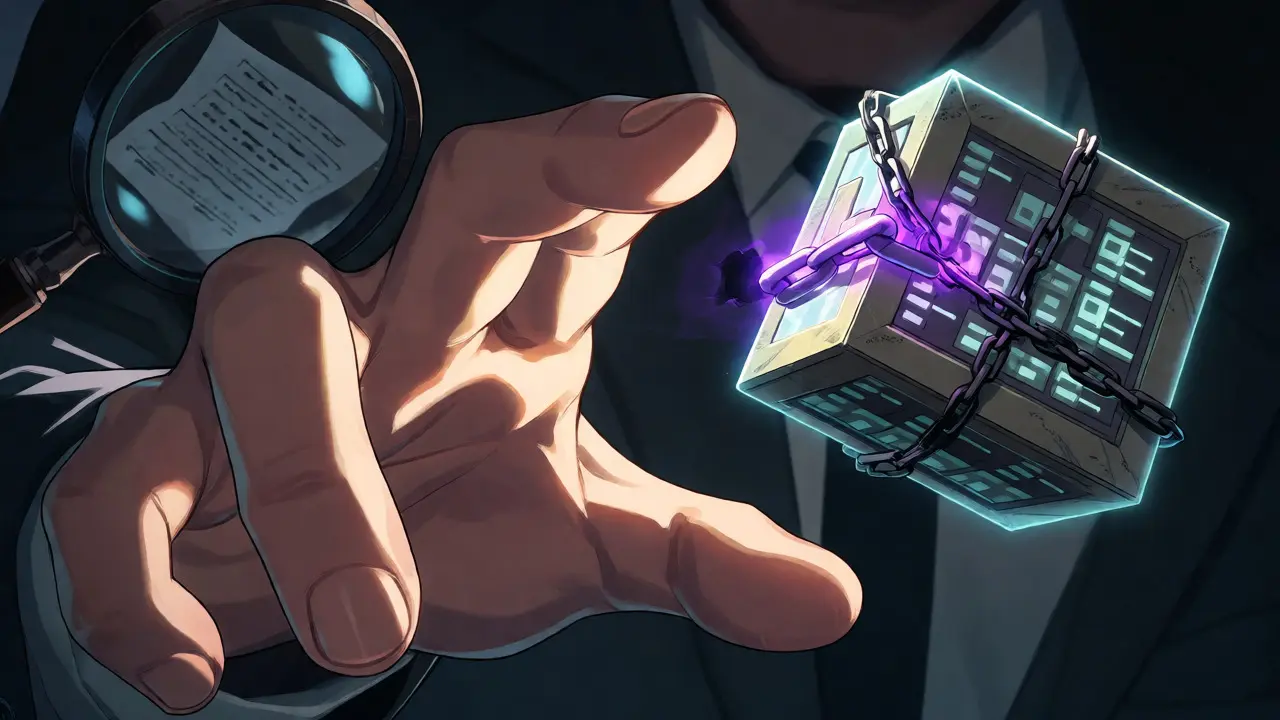 Hand reaching for a chained smart contract box with a fraying link, indicating security concerns.