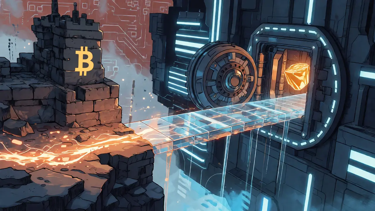 Illustration of Bitcoin bridging to Ethereum via a digital vault mechanism.