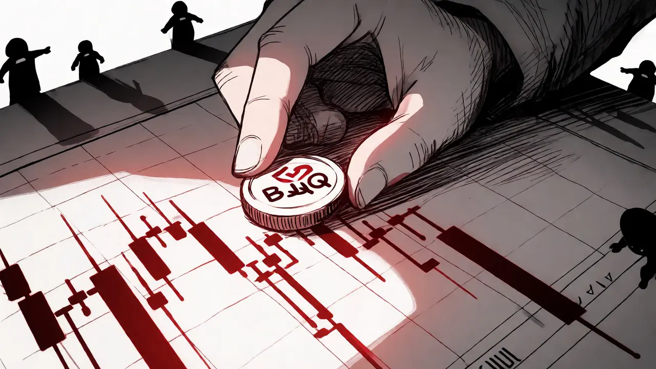 Intense close-up of a trader gripping a coin amidst falling red charts