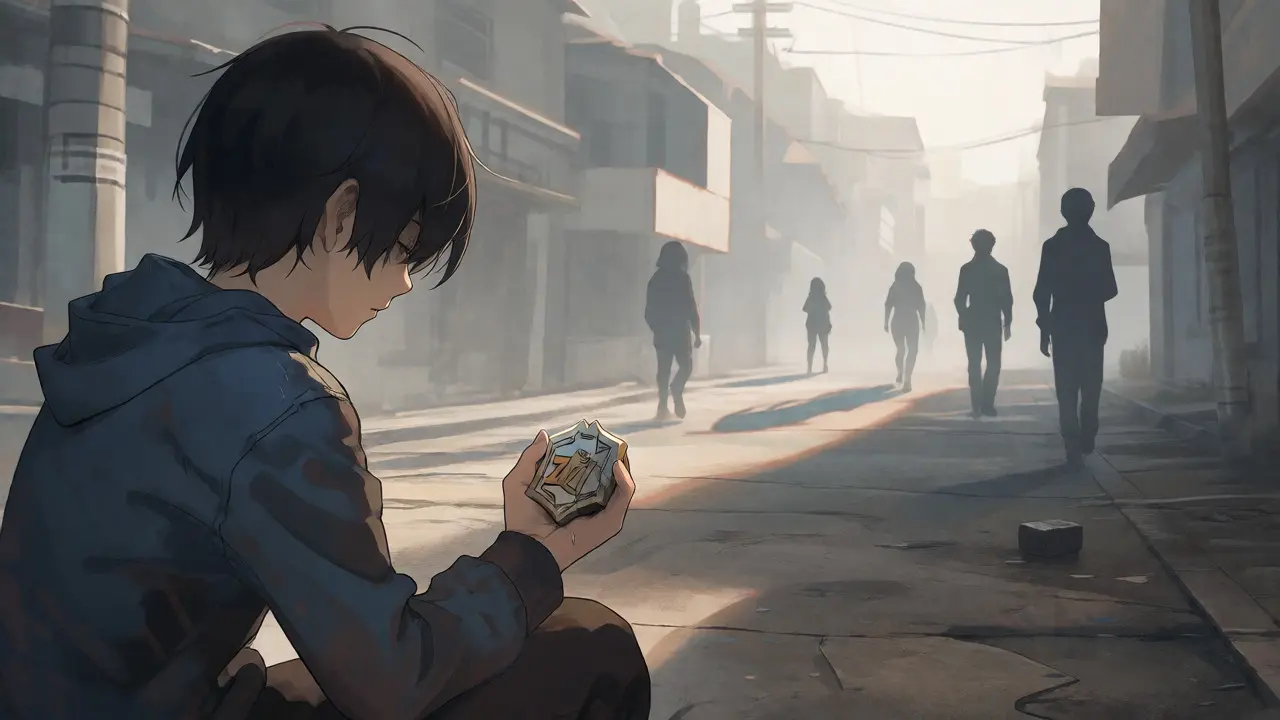 Lone anime character holding a broken token in a foggy city