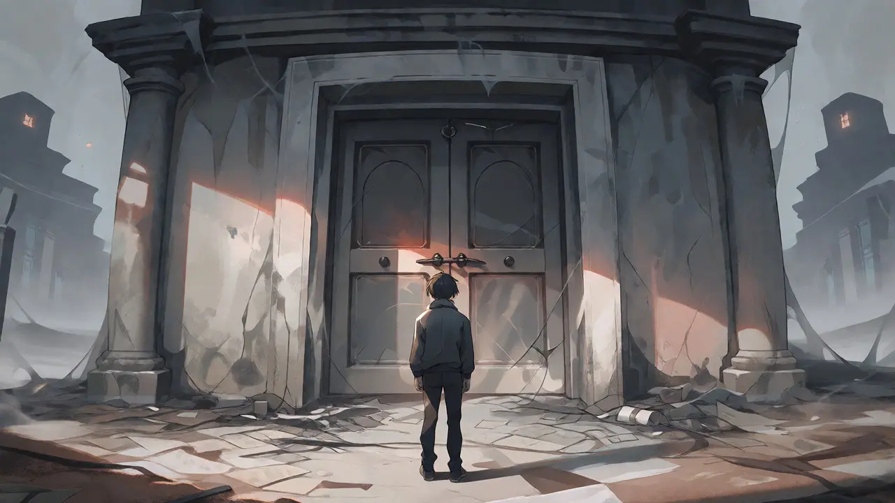 Lone figure facing a dark, abandoned exchange building in fog