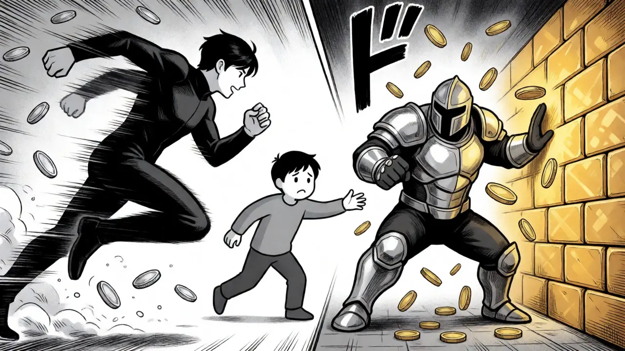 Manga battle between traders avoiding fees and enforcers collecting royalties