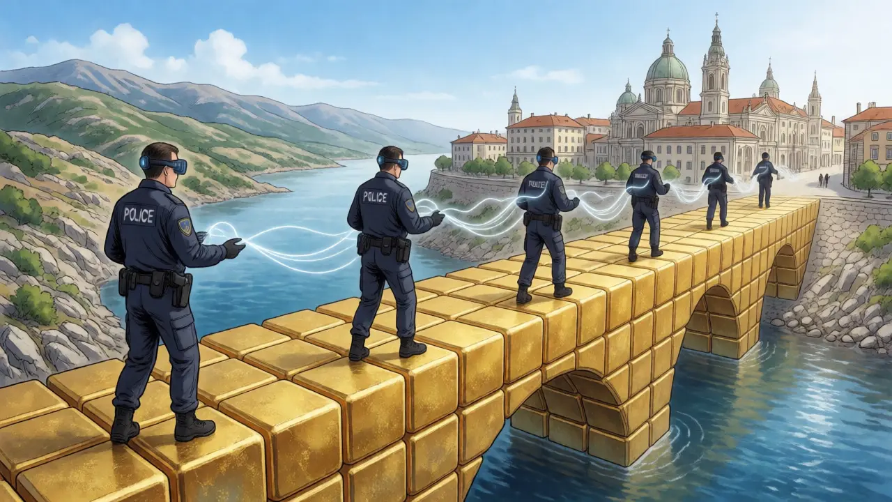 Manga illustration of Croatia bridging to EU standards via blockchain forensics.