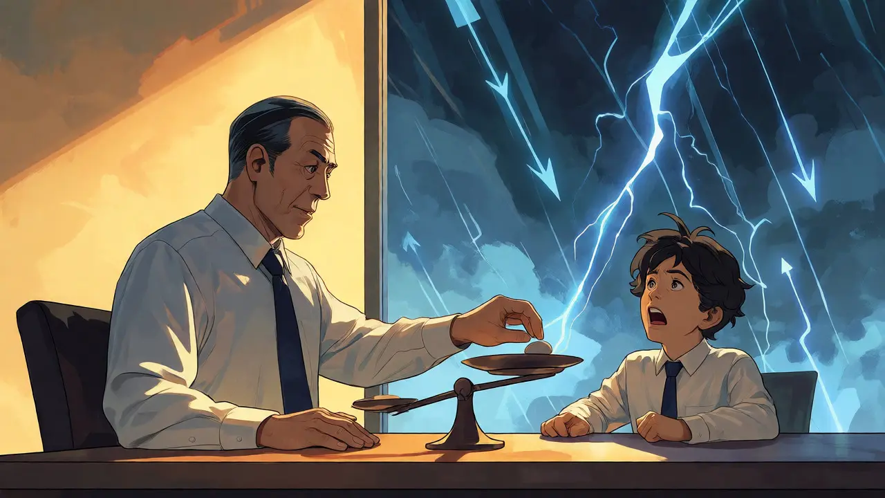 Manga mentor teaching risk management during a market storm