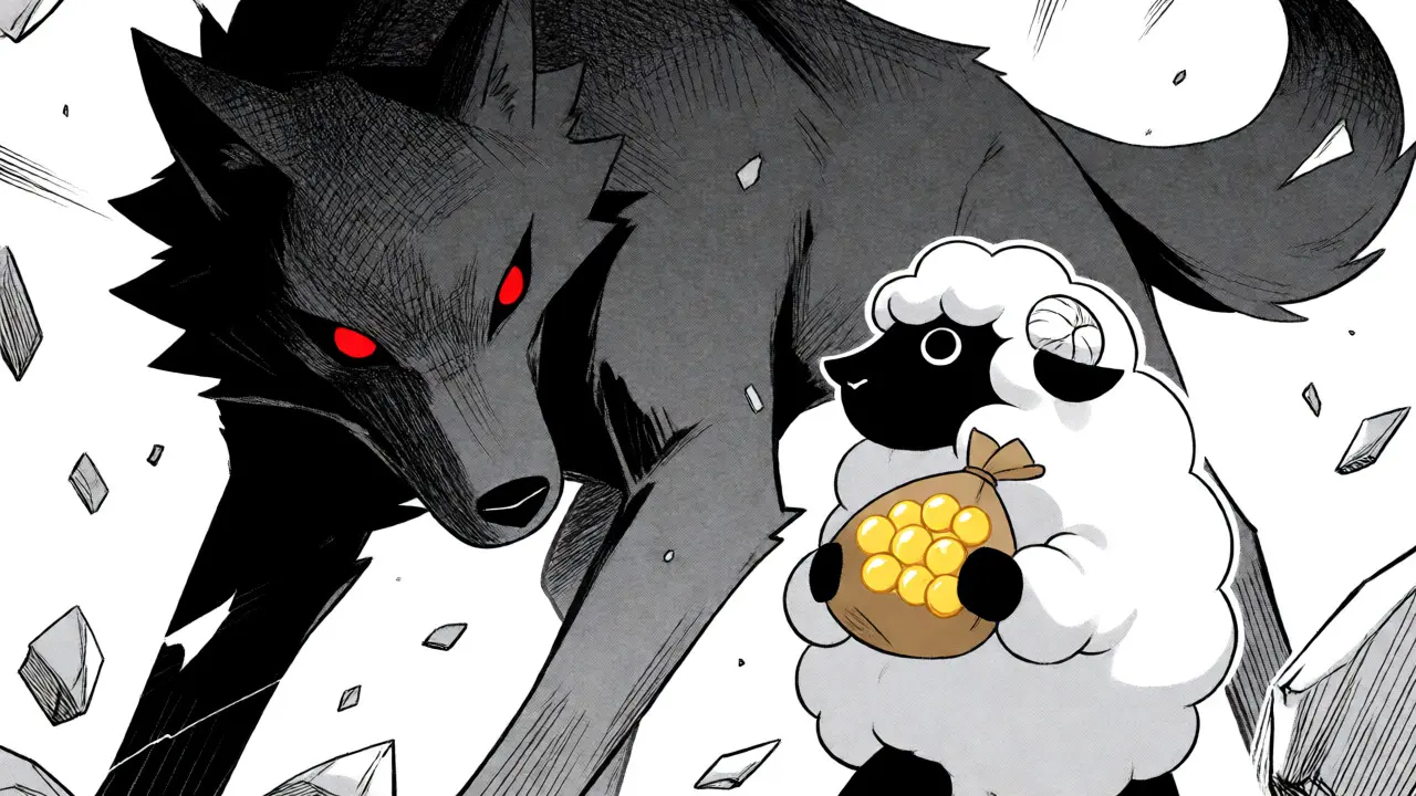 Menacing shadow wolf looming over a nervous sheep holding gold coins