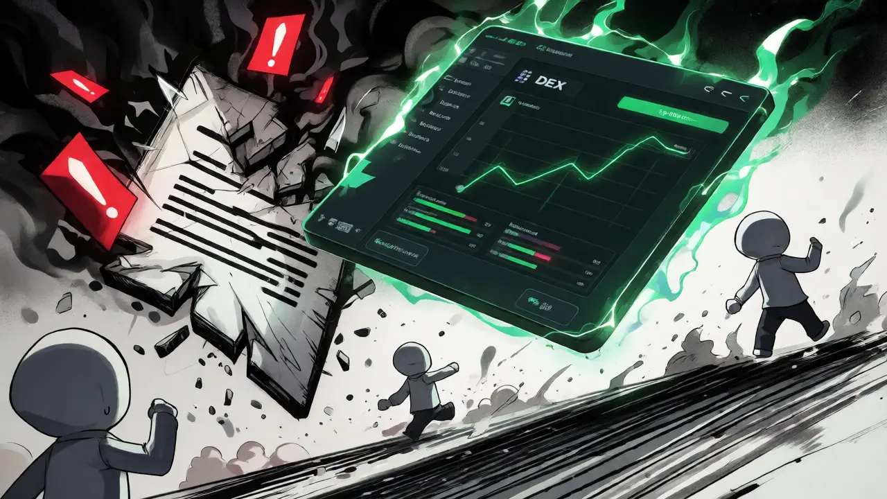 Shattered token symbol next to a glowing DeFi platform interface