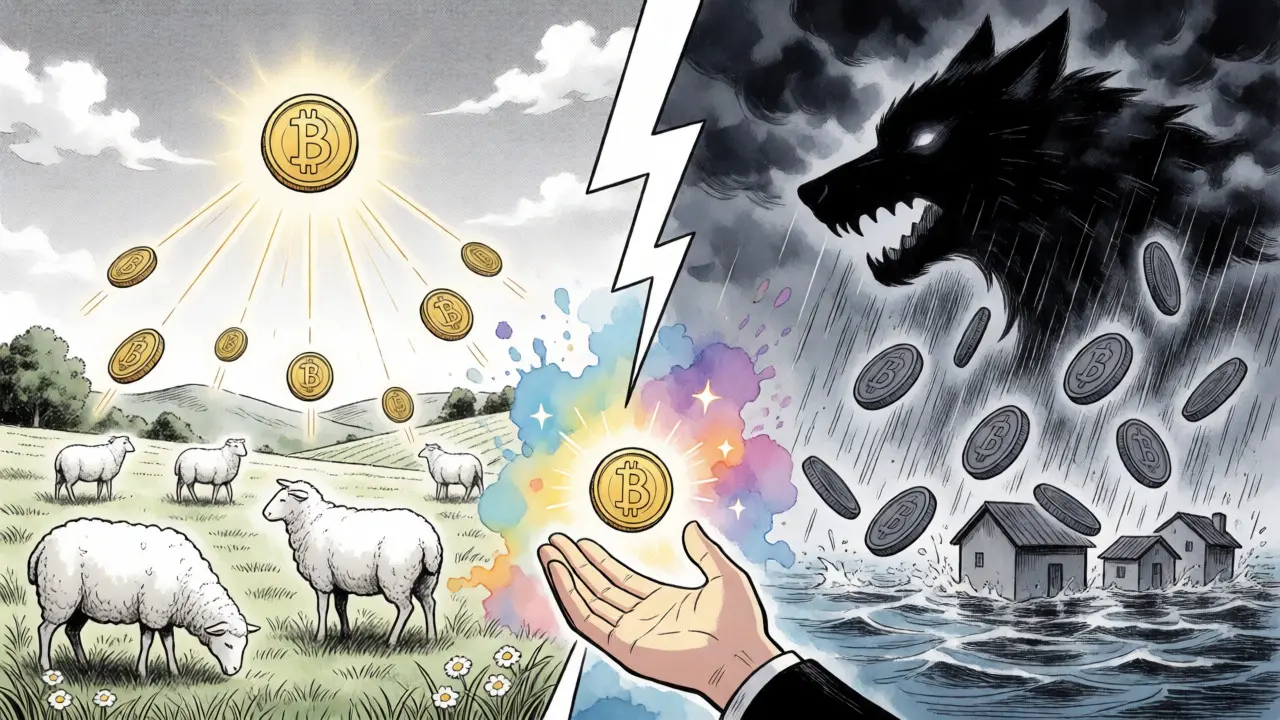 Split scene showing peaceful sheep earning tokens versus wolf chaos