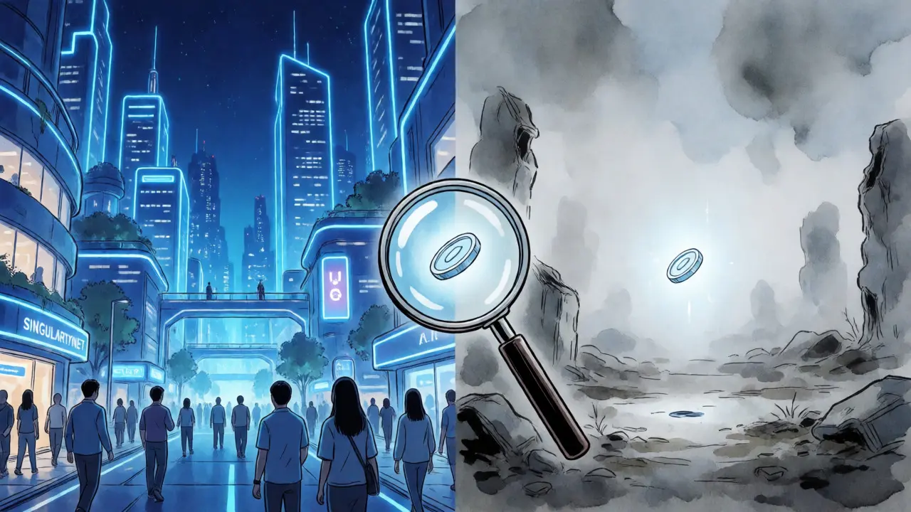 Split-screen manga comparing a vibrant AI city with a lonely, empty token.