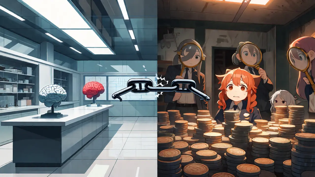 Surreal manga split-screen showing disconnect between tech and token