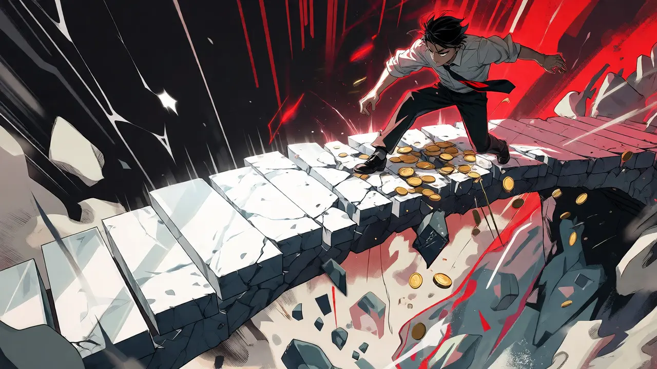 Trader stepping on a cracking light bridge as coins fall, depicting liquidity risks.