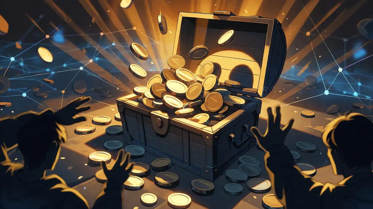 Treasure chest bursting with coins in a digital manga landscape representing an airdrop.