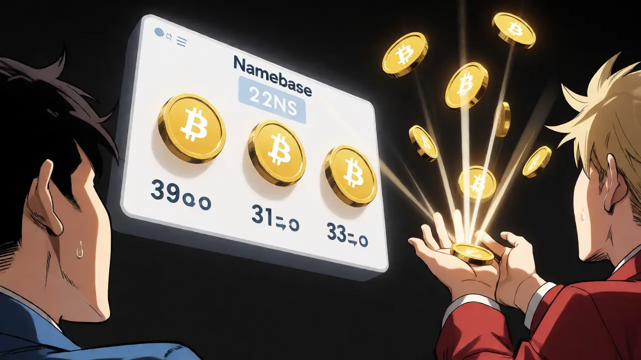 Two characters battling with crypto tokens in a high-stakes auction