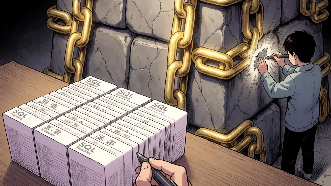 Visual metaphor comparing editable paper tables to immutable stone blocks